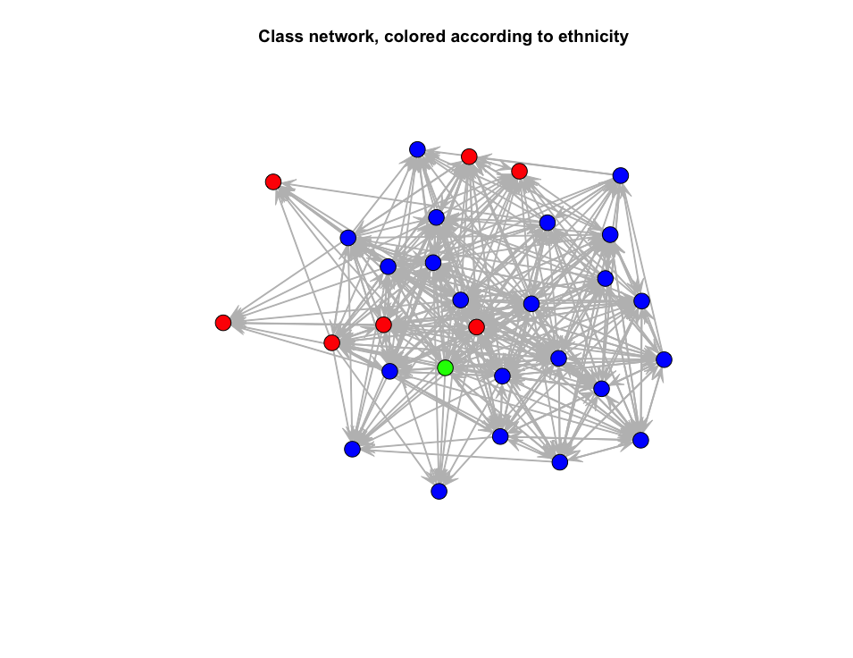 Figure 1: A school class network. The links are based on nominations (like or being good friends) among the school children. The children themselves, represented as circles, are coloured based on their ethnicity.