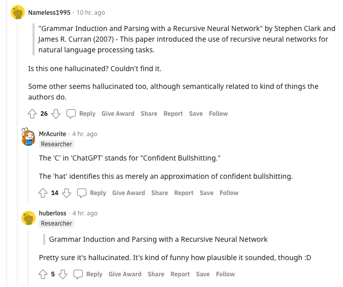 An exchange on a list of papers produced by ChatGPT. A user wonders if one of the papers is not real, to which several people comment that indeed the paper title was hallucinated by the model, as it does not exist.